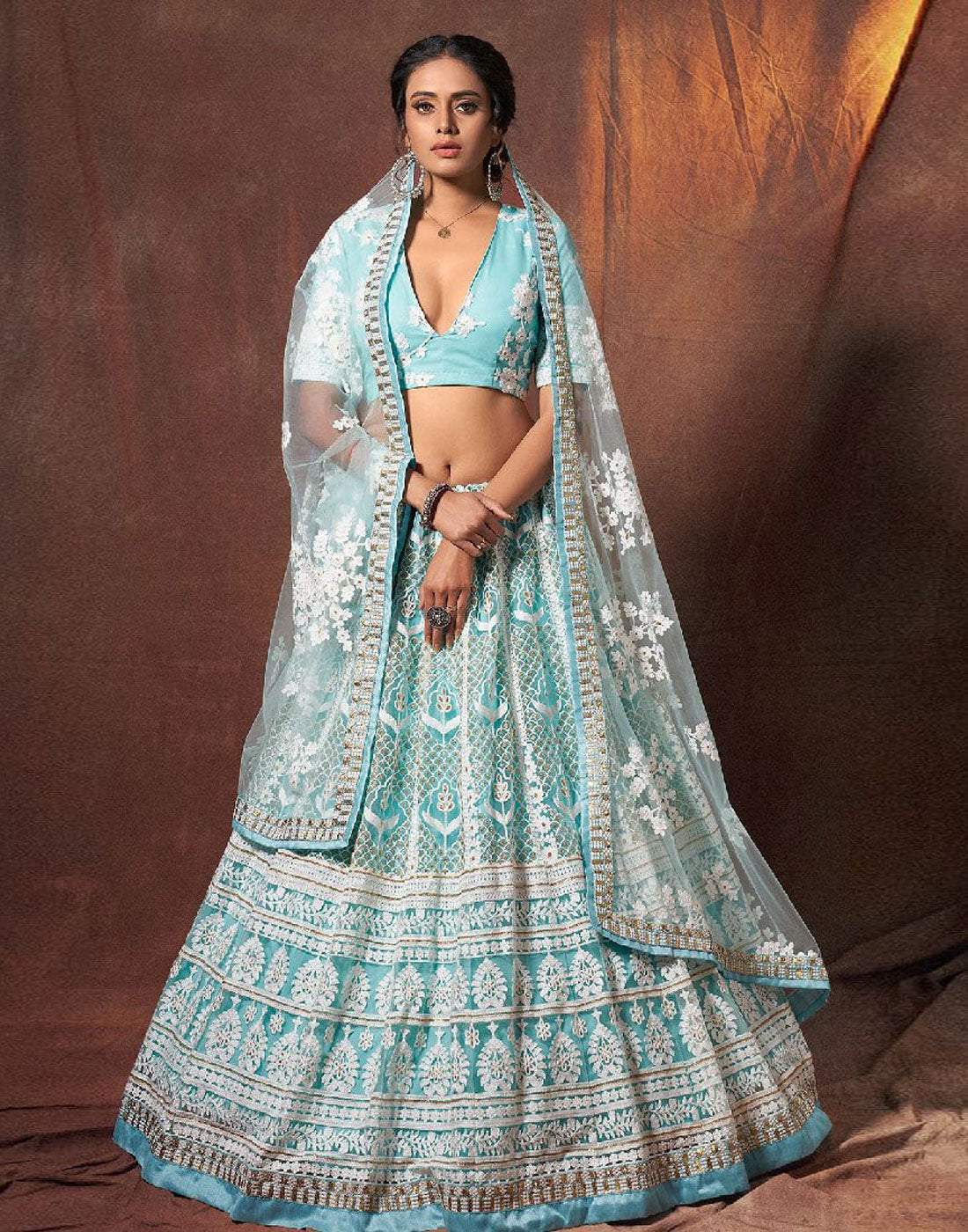 Lehenga Choli in Baby Blue Color with Soft Net Fabrics, Resham, and Sequence Work ClothsVilla