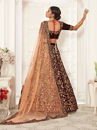 Refreshing Maroon Floral Embroidery Velvet Bridal Lehenga Choli With Peach Dupatta ClothsVilla
