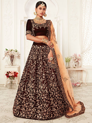 Refreshing Maroon Floral Embroidery Velvet Bridal Lehenga Choli With Peach Dupatta ClothsVilla