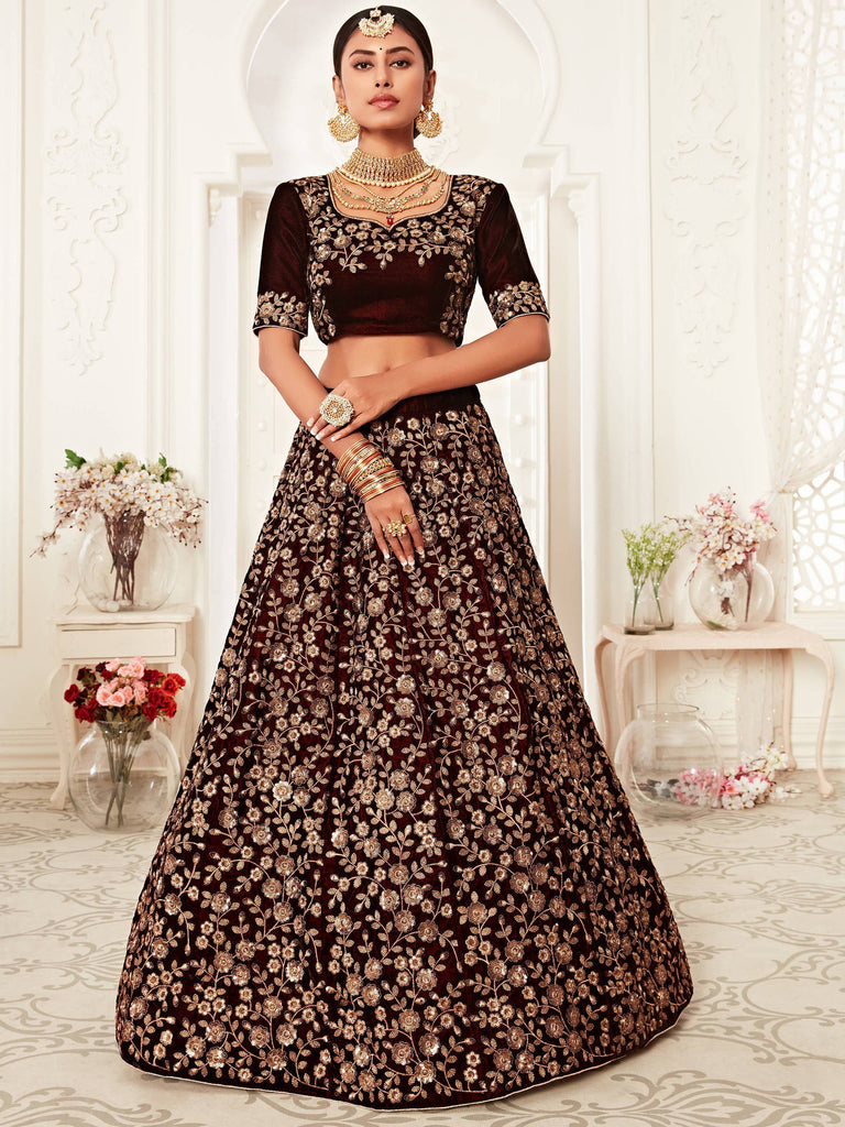 Refreshing Maroon Floral Embroidery Velvet Bridal Lehenga Choli With Peach Dupatta ClothsVilla