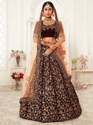 Refreshing Maroon Floral Embroidery Velvet Bridal Lehenga Choli With Peach Dupatta ClothsVilla