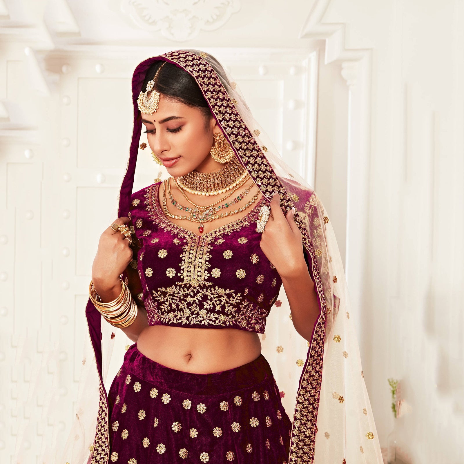 Hypnotic Purple Floral Embroidery Velvet Wedding Lehenga Choli With pink Dupatta ClothsVilla