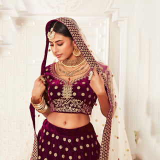 Hypnotic Purple Floral Embroidery Velvet Wedding Lehenga Choli With pink Dupatta ClothsVilla