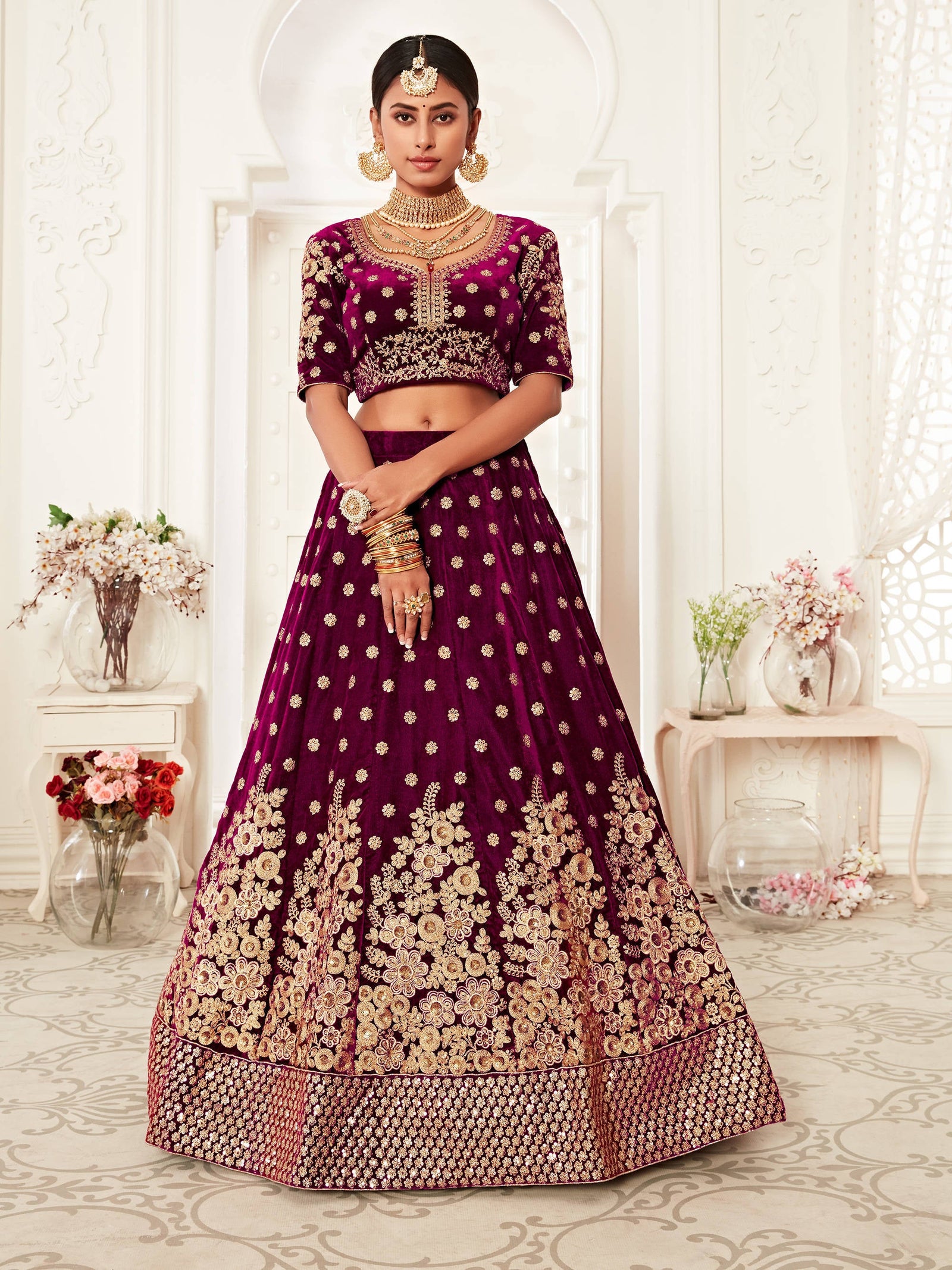 Hypnotic Purple Floral Embroidery Velvet Wedding Lehenga Choli With pink Dupatta ClothsVilla
