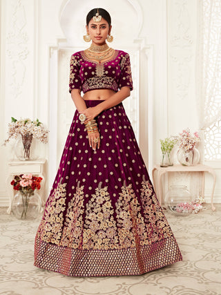 Hypnotic Purple Floral Embroidery Velvet Wedding Lehenga Choli With pink Dupatta ClothsVilla