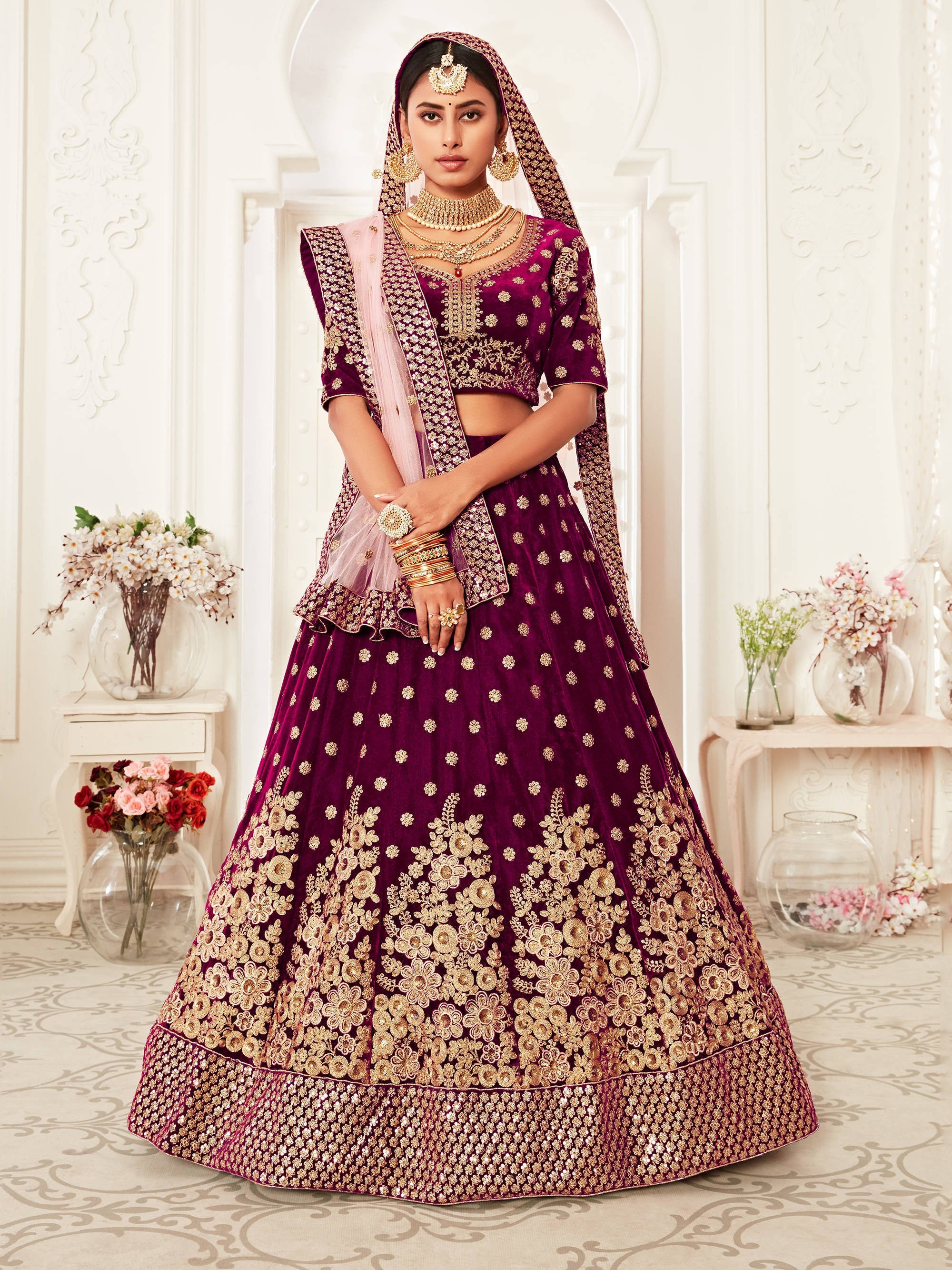 Hypnotic Purple Floral Embroidery Velvet Wedding Lehenga Choli With pink Dupatta ClothsVilla Main image