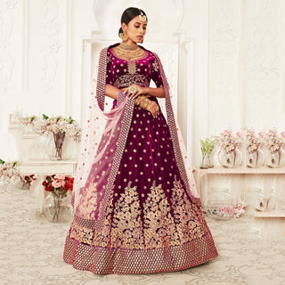 Hypnotic Purple Floral Embroidery Velvet Wedding Lehenga Choli With pink Dupatta ClothsVilla