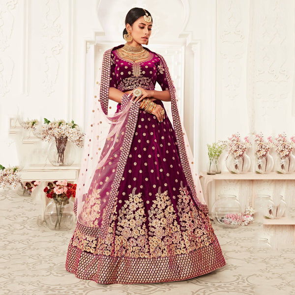 Hypnotic Purple Floral Embroidery Velvet Wedding Lehenga Choli With pink Dupatta ClothsVilla