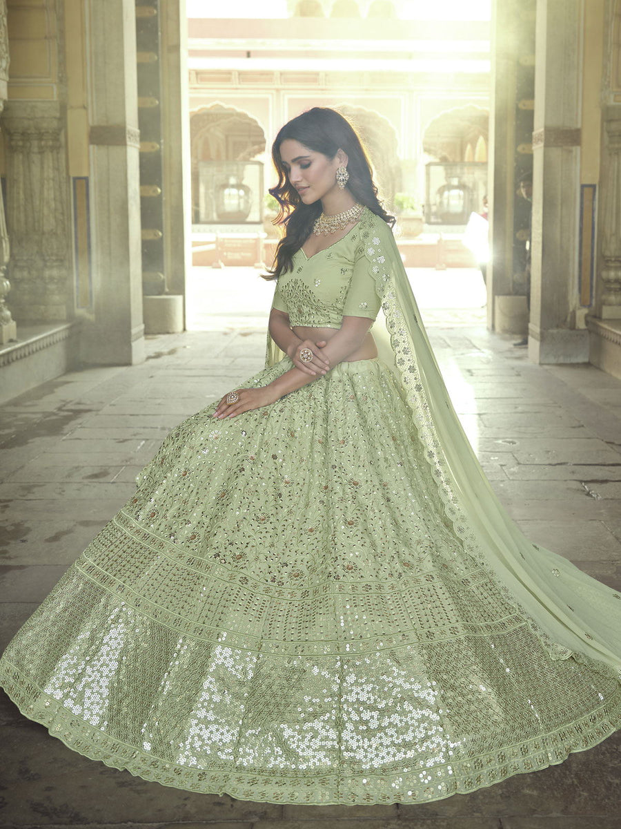 Party Wear Gorgeous Green Georgette Crushed Lehenga Choli