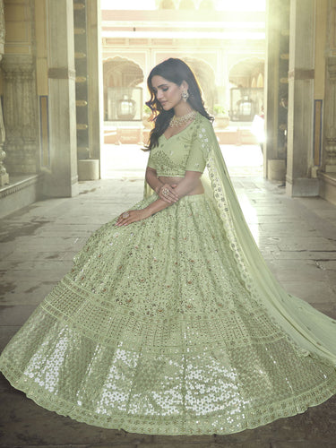 Pista Green Georgette Partywear Lehenga Choli Clothsvilla