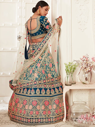 Elegant Blue Floral Embroidery Silk Wedding Lehenga Choli With Beige Dupatta ClothsVilla