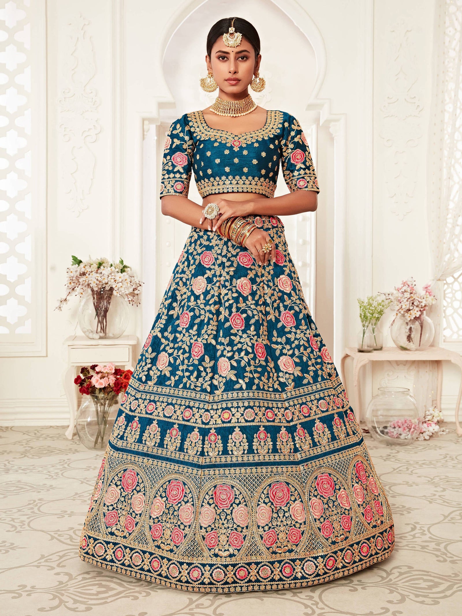 Elegant Blue Floral Embroidery Silk Wedding Lehenga Choli With Beige Dupatta ClothsVilla