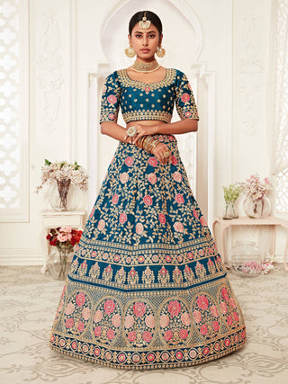 Elegant Blue Floral Embroidery Silk Wedding Lehenga Choli With Beige Dupatta ClothsVilla