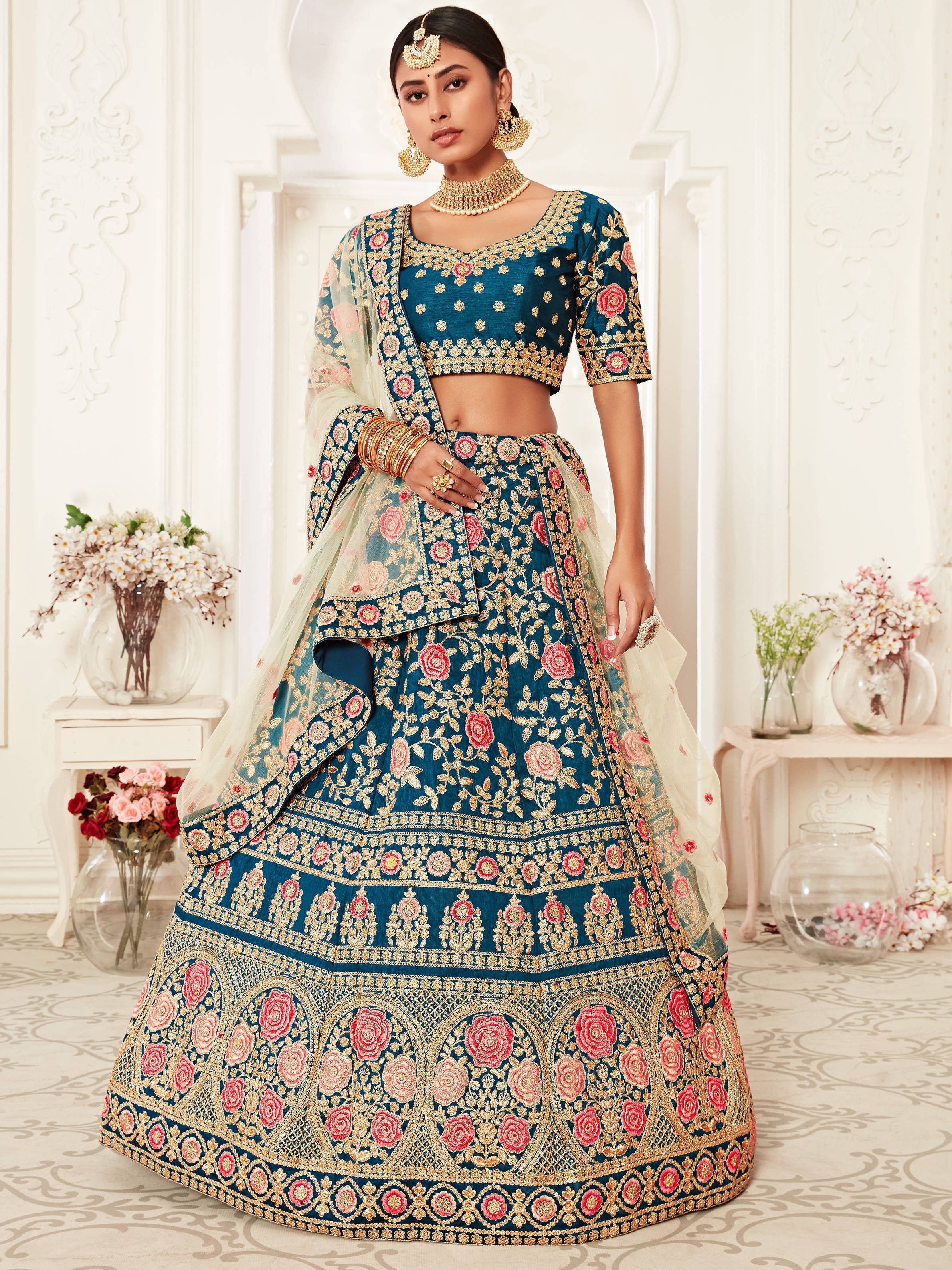 Elegant Blue Floral Embroidery Silk Wedding Lehenga Choli With Beige Dupatta ClothsVilla Main image