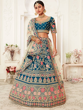 Elegant Blue Floral Embroidery Silk Wedding Lehenga Choli With Beige Dupatta ClothsVilla