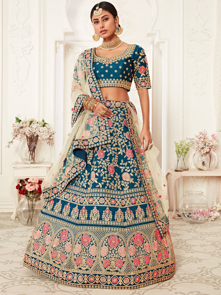 Elegant Blue Floral Embroidery Silk Wedding Lehenga Choli With Beige Dupatta ClothsVilla