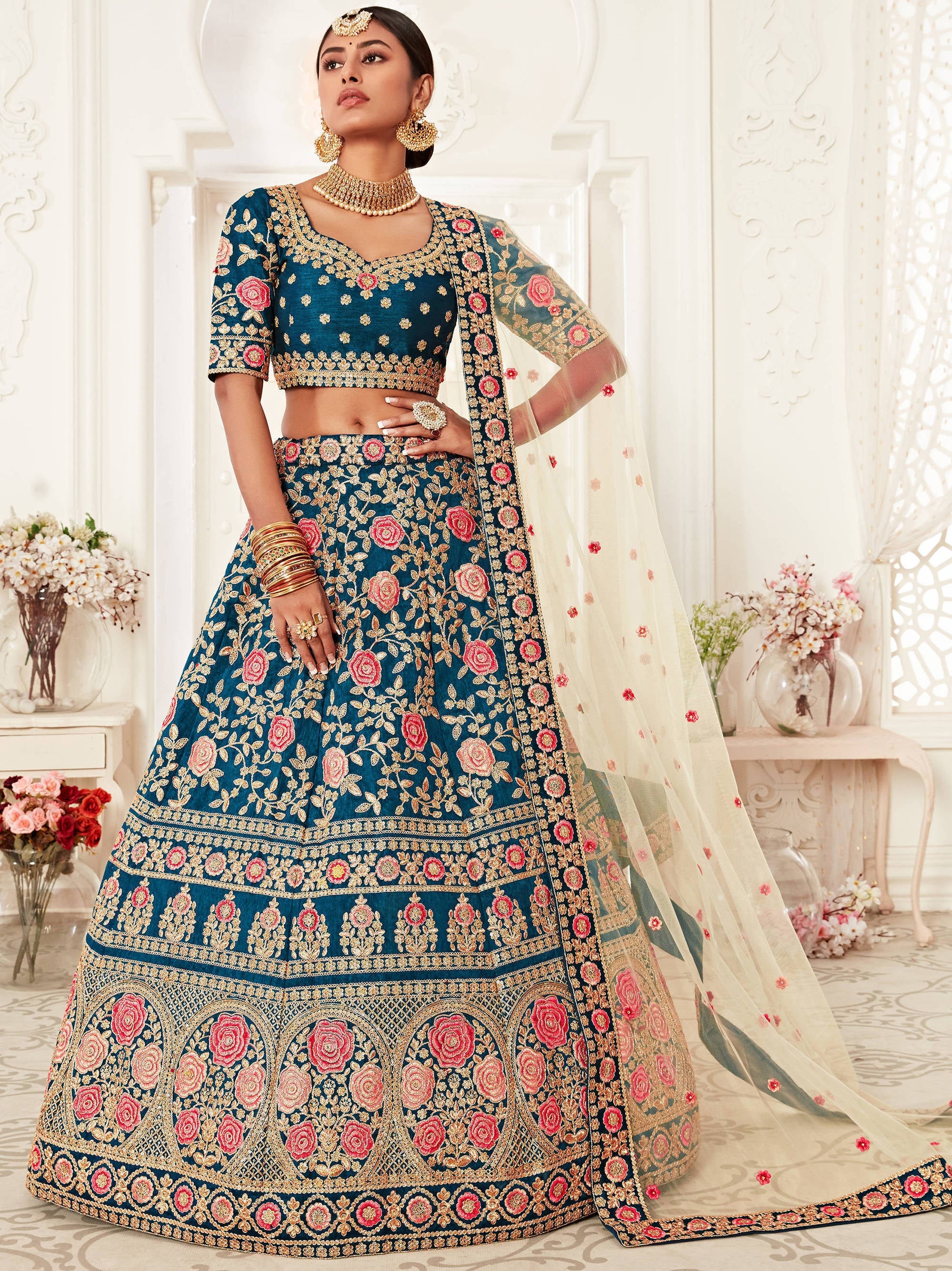 Elegant Blue Floral Embroidery Silk Wedding Lehenga Choli With Beige Dupatta Secondary image