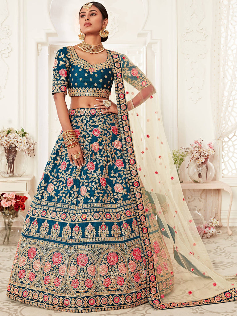 Elegant Blue Floral Embroidery Silk Wedding Lehenga Choli With Beige Dupatta ClothsVilla