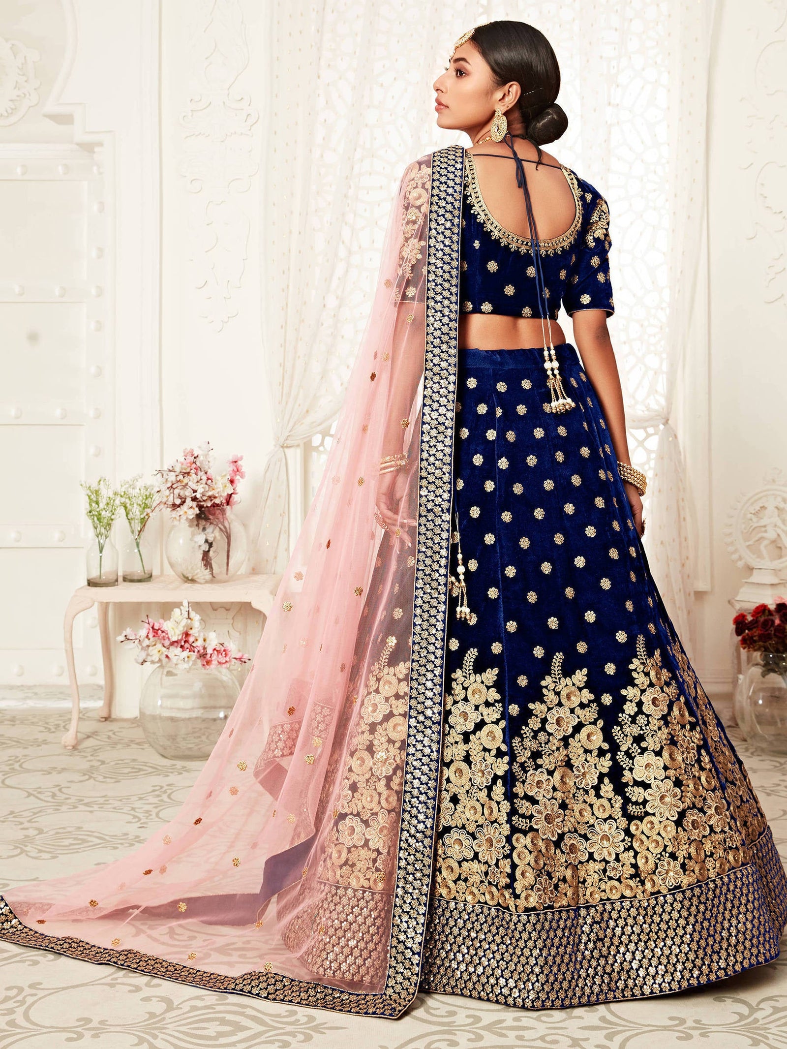 Stunning Navy Blue Floral Embroidery Velvet Bridal Lehenga Choli With Dupatta ClothsVilla