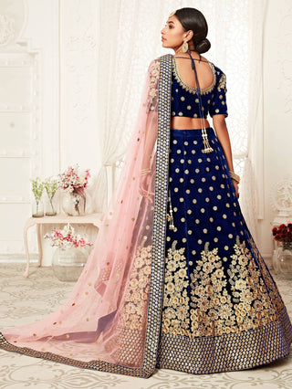 Stunning Navy Blue Floral Embroidery Velvet Bridal Lehenga Choli With Dupatta ClothsVilla