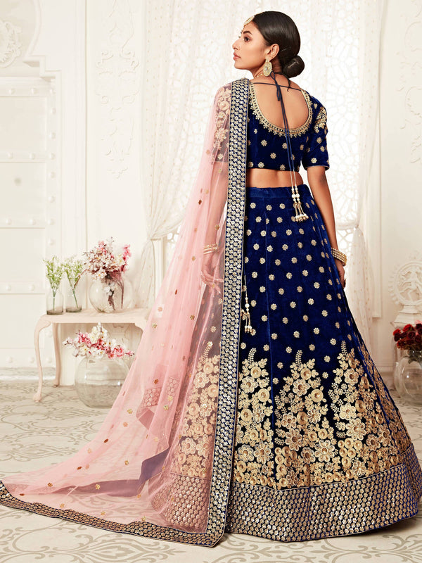 Stunning Navy Blue Floral Embroidery Velvet Bridal Lehenga Choli With Dupatta ClothsVilla