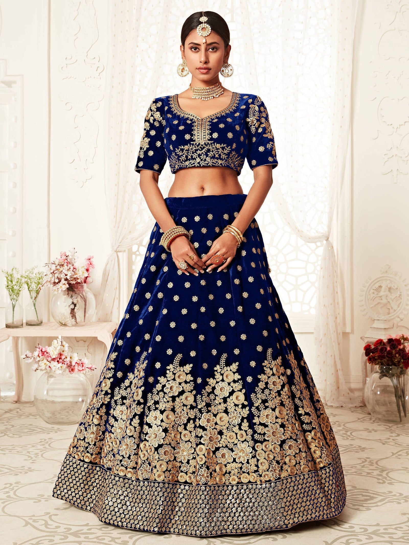 Stunning Navy Blue Floral Embroidery Velvet Bridal Lehenga Choli With Dupatta ClothsVilla