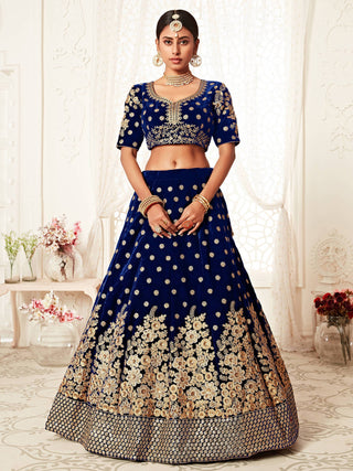 Stunning Navy Blue Floral Embroidery Velvet Bridal Lehenga Choli With Dupatta ClothsVilla