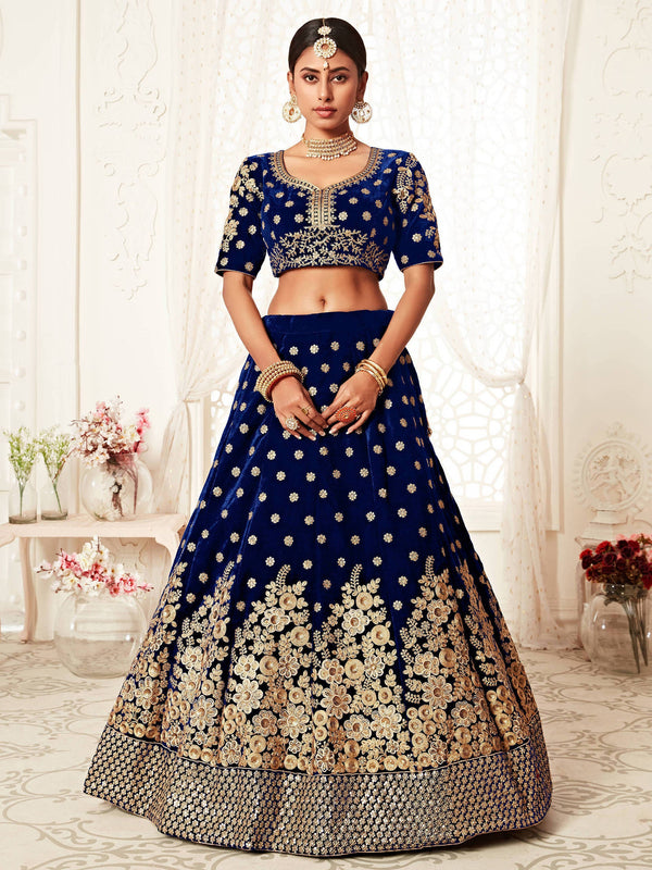 Stunning Navy Blue Floral Embroidery Velvet Bridal Lehenga Choli With Dupatta ClothsVilla