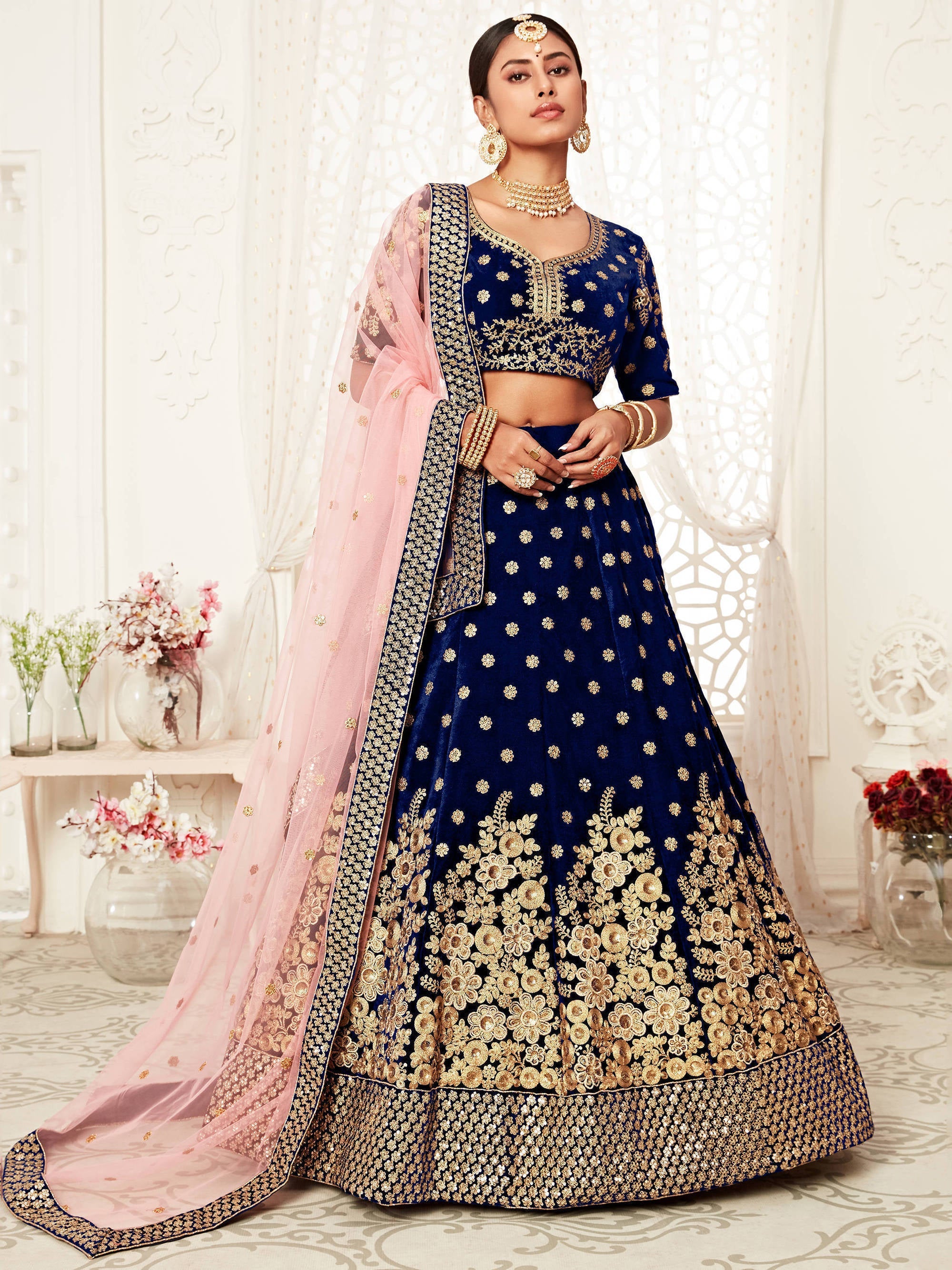 Stunning Navy Blue Floral Embroidery Velvet Bridal Lehenga Choli With Dupatta Secondary image