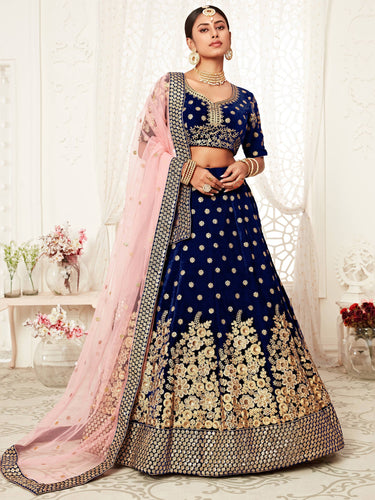 Stunning Navy Blue Floral Embroidery Velvet Bridal Lehenga Choli With Dupatta ClothsVilla