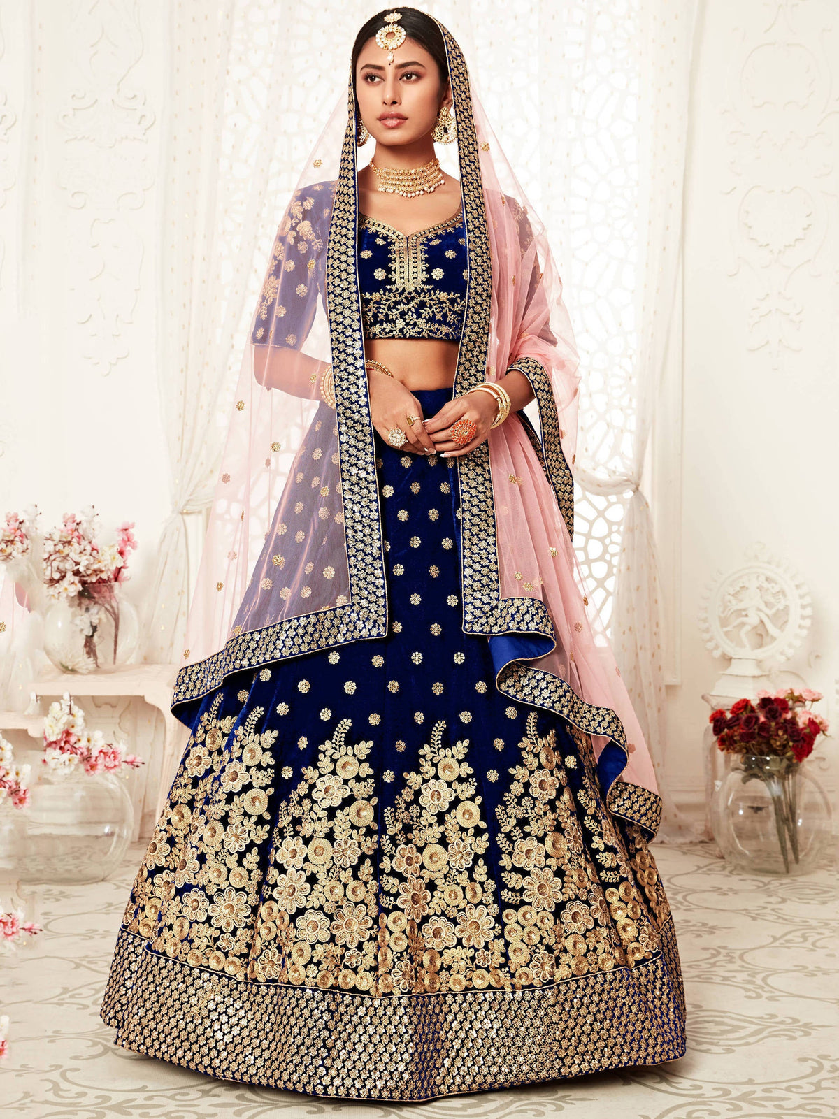 Stunning Navy Blue Floral Embroidery Velvet Bridal Lehenga Choli With Dupatta ClothsVilla Main image