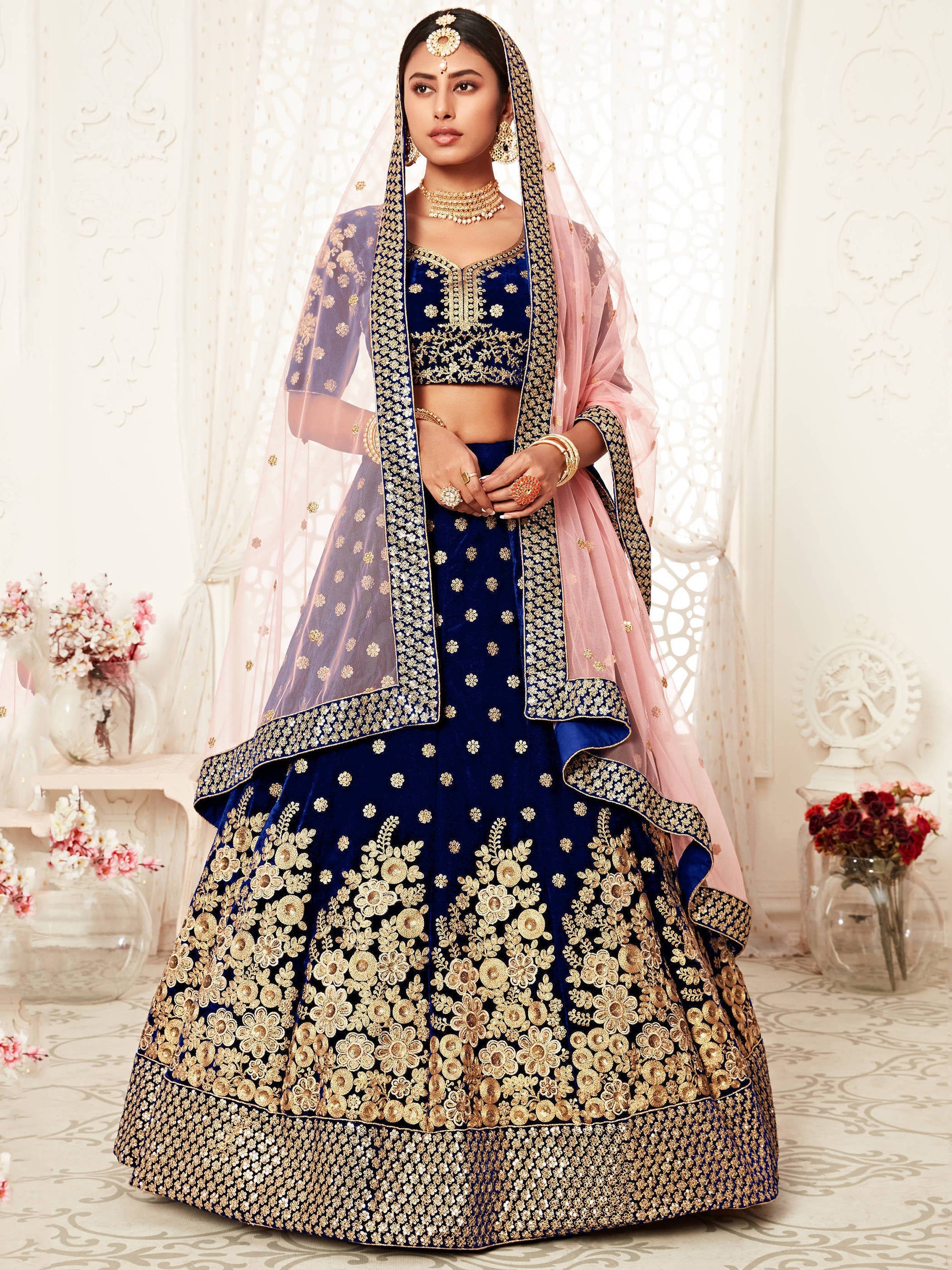 Stunning Navy Blue Floral Embroidery Velvet Bridal Lehenga Choli With Dupatta ClothsVilla Main image