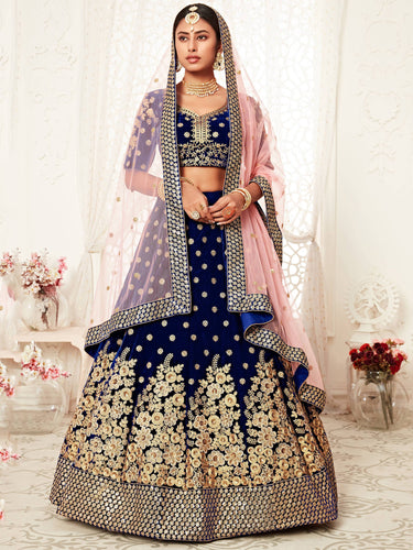 Stunning Navy Blue Floral Embroidery Velvet Bridal Lehenga Choli With Dupatta ClothsVilla