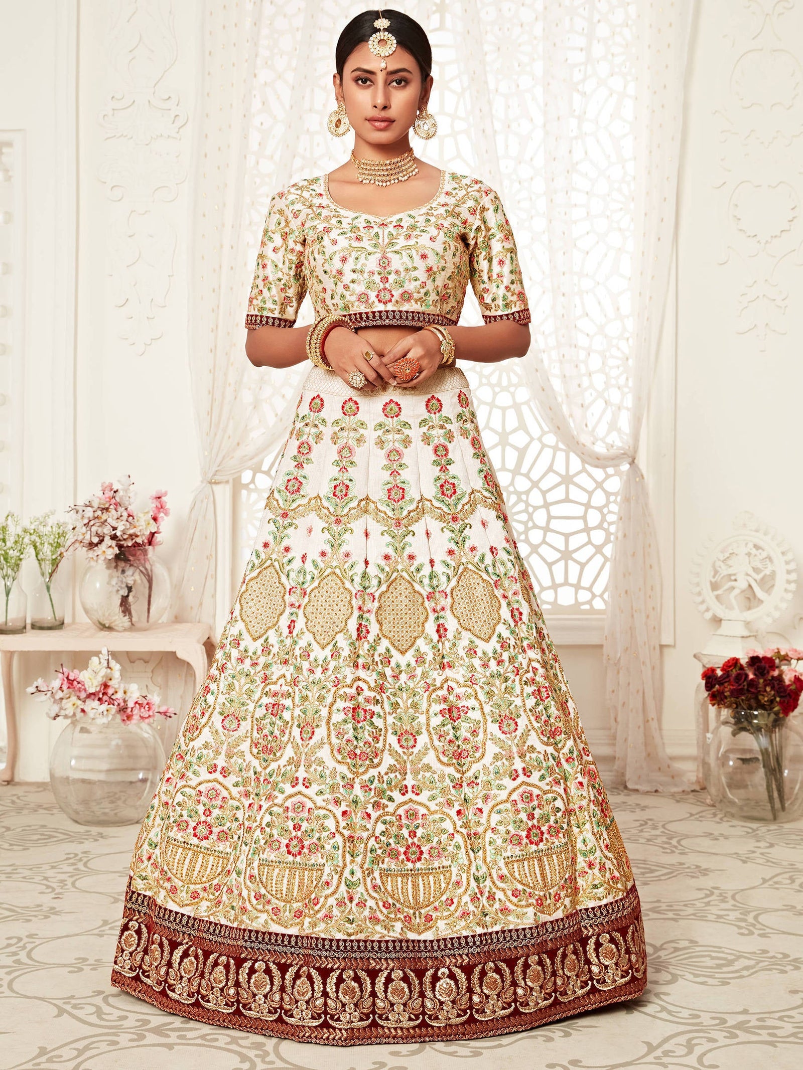 Majesty Off-White Heavily Embroidery Silk Bridal Lehenga Choli With Dupatta ClothsVilla