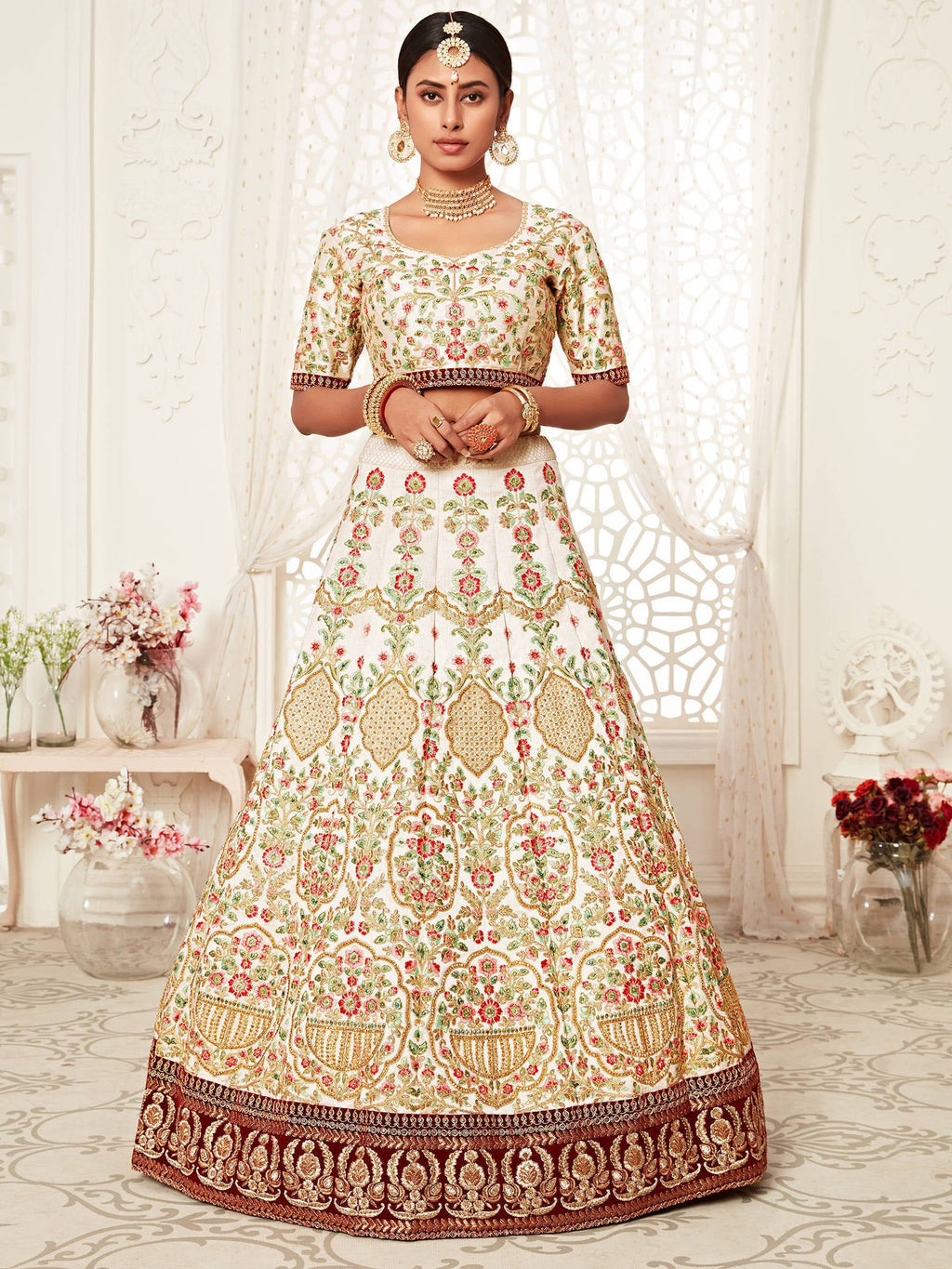 Majesty Off-White Heavily Embroidery Silk Bridal Lehenga Choli With Dupatta ClothsVilla
