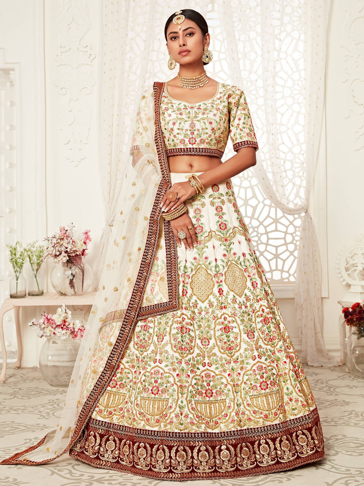 Majesty Off-White Heavily Embroidery Silk Bridal Lehenga Choli With Dupatta ClothsVilla Main image