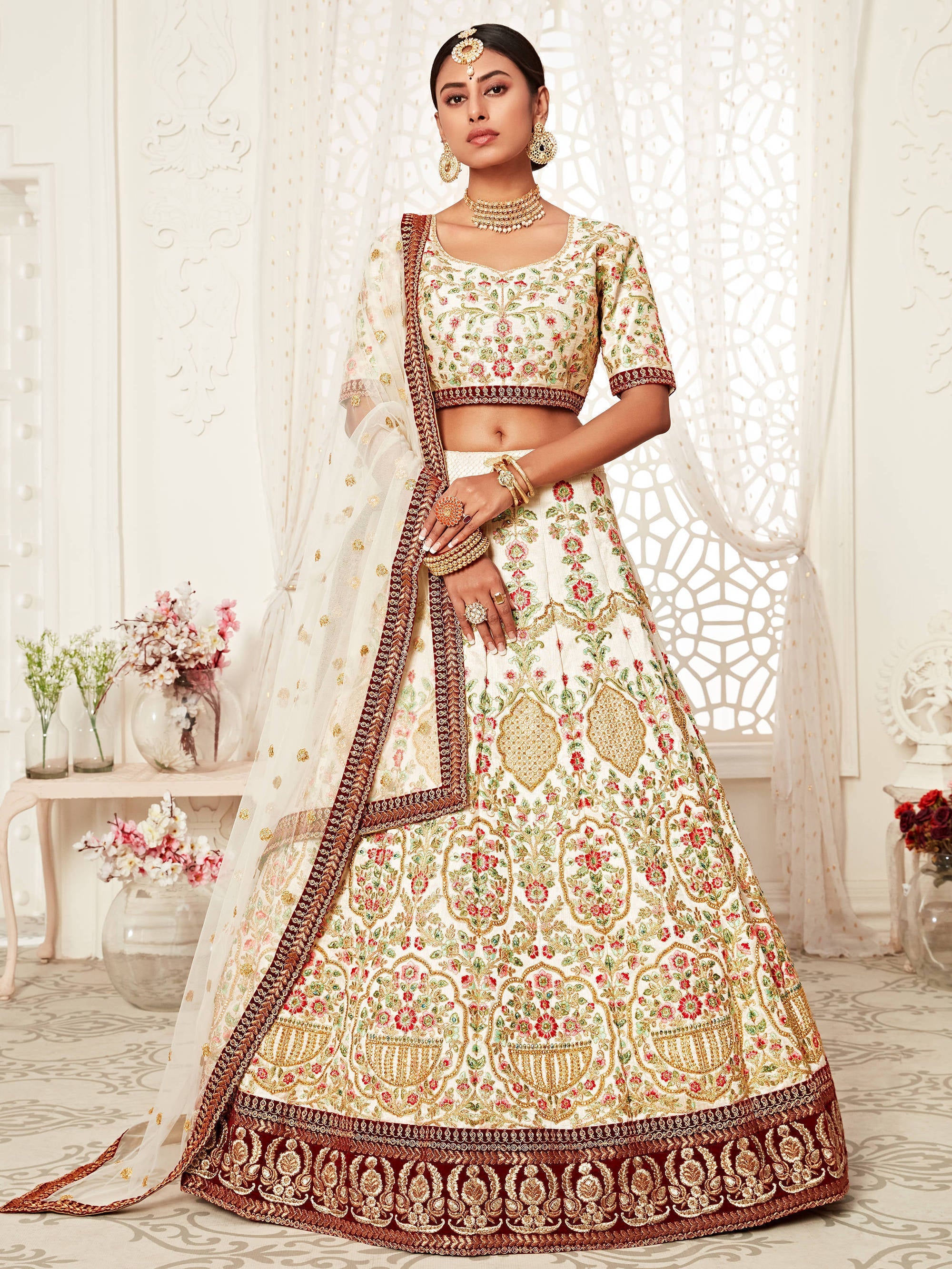Majesty Off-White Heavily Embroidery Silk Bridal Lehenga Choli With Dupatta ClothsVilla Main image