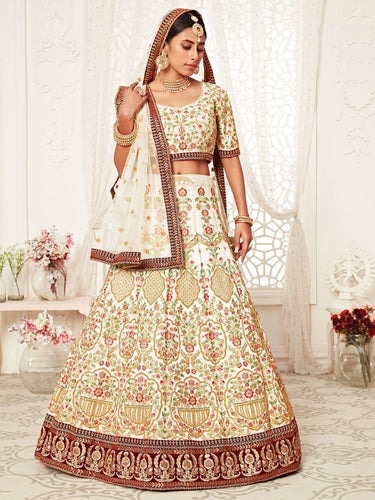 Majesty Off-White Heavily Embroidery Silk Bridal Lehenga Choli With Dupatta ClothsVilla