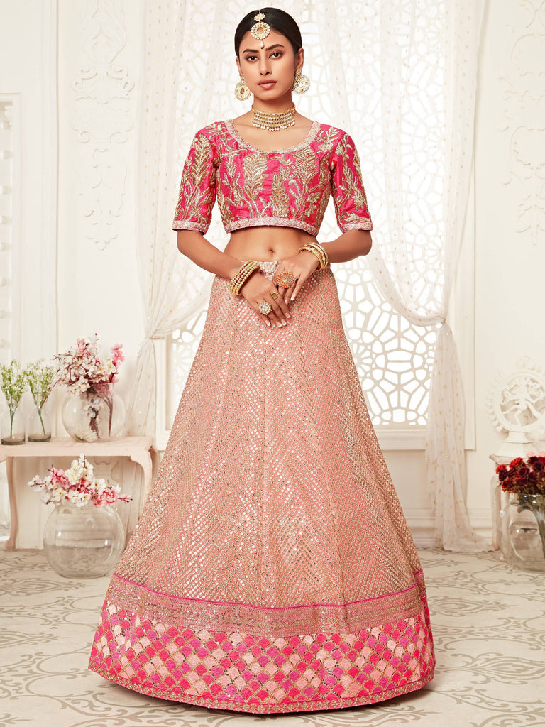 Mesmerizing Pink Embroidery Net Wedding Lehenga Choli With Dupatta ClothsVilla