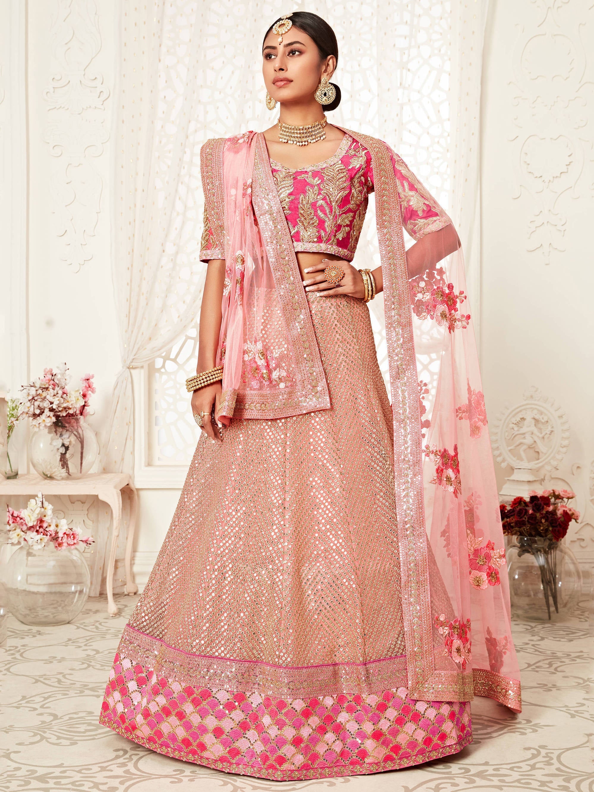 Mesmerizing Pink Embroidery Net Wedding Lehenga Choli With Dupatta Secondary image