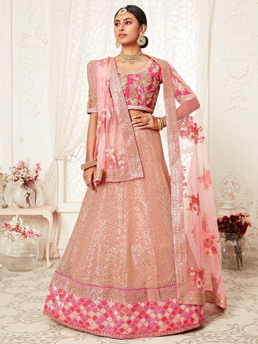 Mesmerizing Pink Embroidery Net Wedding Lehenga Choli With Dupatta ClothsVilla