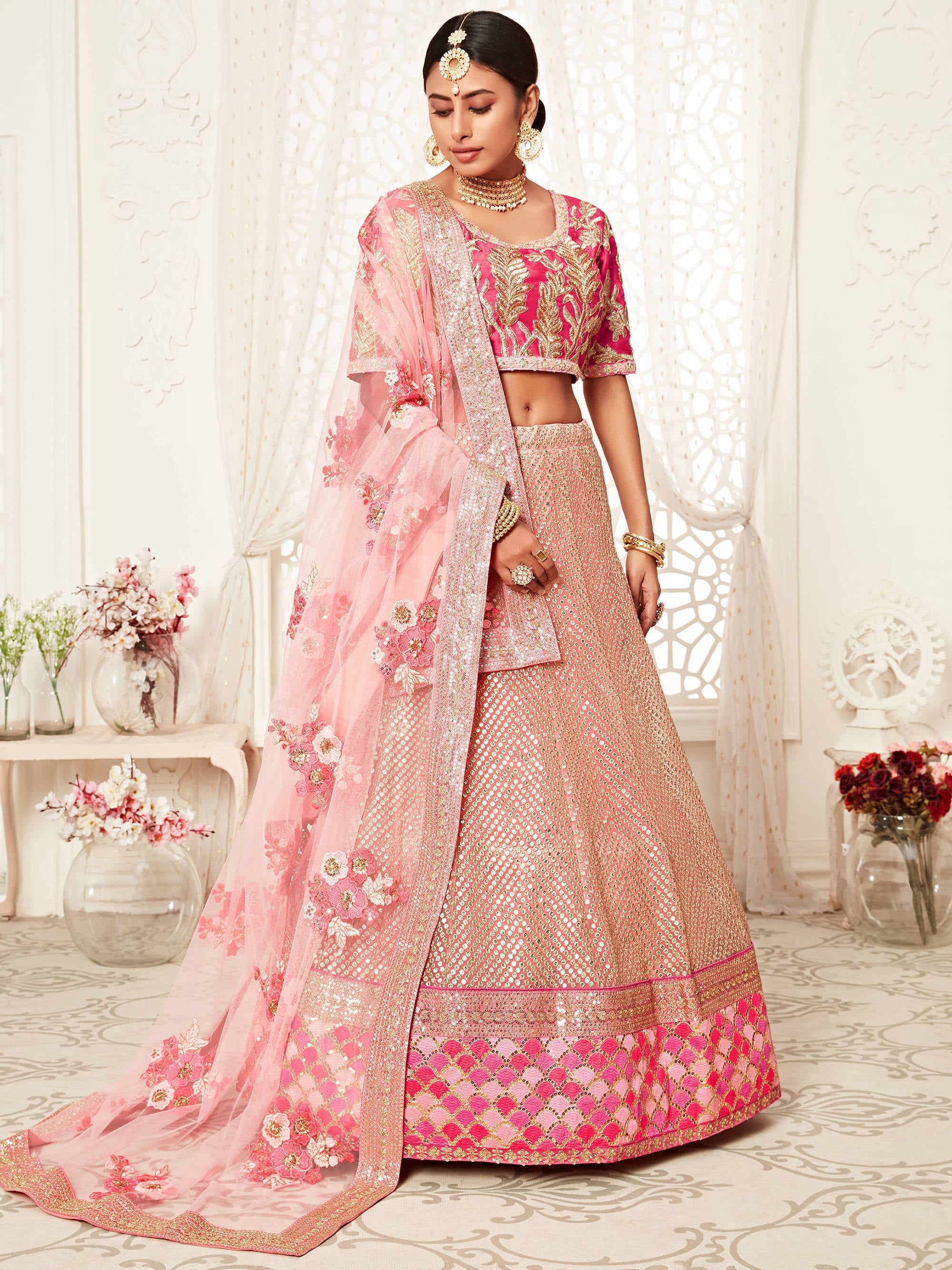 Mesmerizing Pink Embroidery Net Wedding Lehenga Choli With Dupatta ClothsVilla Main image