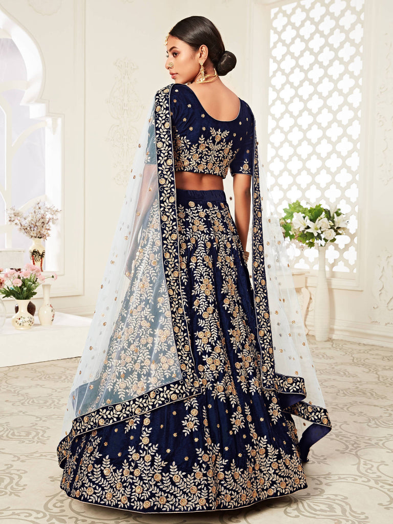 Beautiful Navy Blue Heavily Embroidery Velvet Wedding Lehenga Choli ClothsVilla