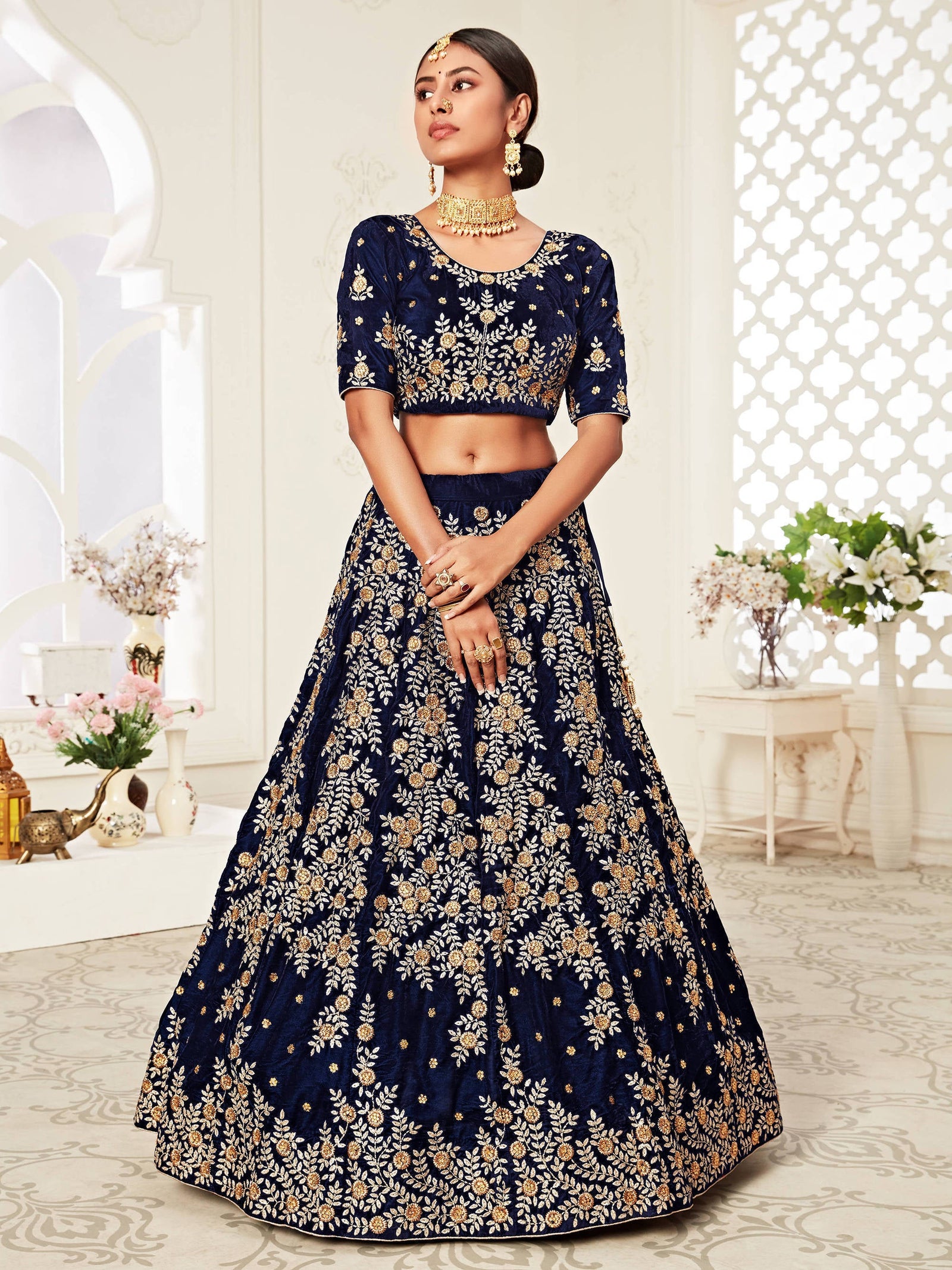 Beautiful Navy Blue Heavily Embroidery Velvet Wedding Lehenga Choli ClothsVilla