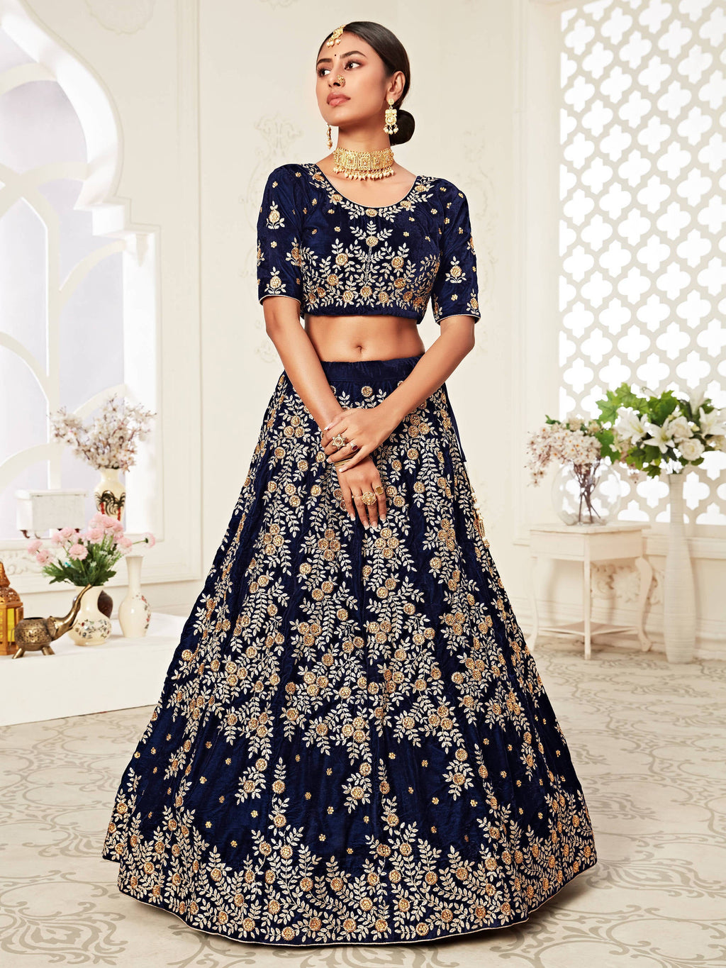 Beautiful Navy Blue Heavily Embroidery Velvet Wedding Lehenga Choli ClothsVilla