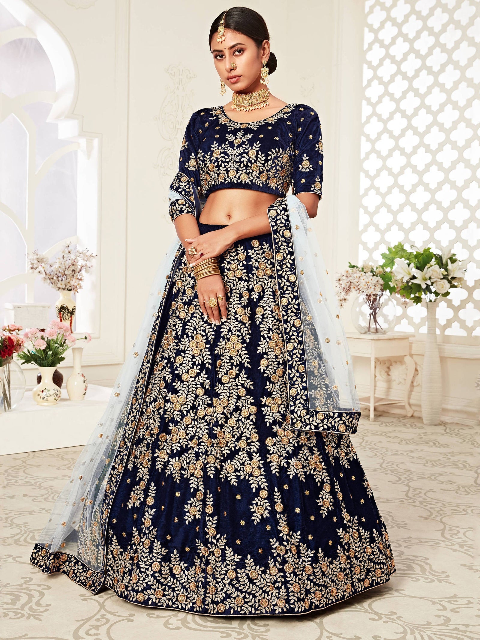 Beautiful Navy Blue Heavily Embroidery Velvet Wedding Lehenga Choli ClothsVilla