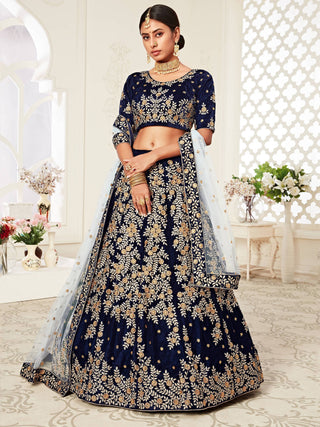 Beautiful Navy Blue Heavily Embroidery Velvet Wedding Lehenga Choli ClothsVilla