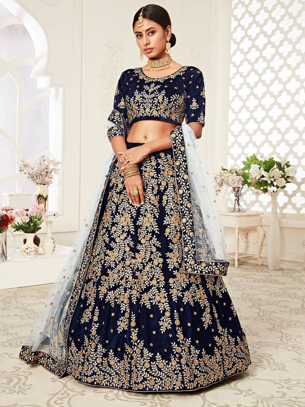 Beautiful Navy Blue Heavily Embroidery Velvet Wedding Lehenga Choli ClothsVilla