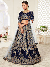 Load image into Gallery viewer, Beautiful Navy Blue Heavily Embroidery Velvet Wedding Lehenga Choli ClothsVilla