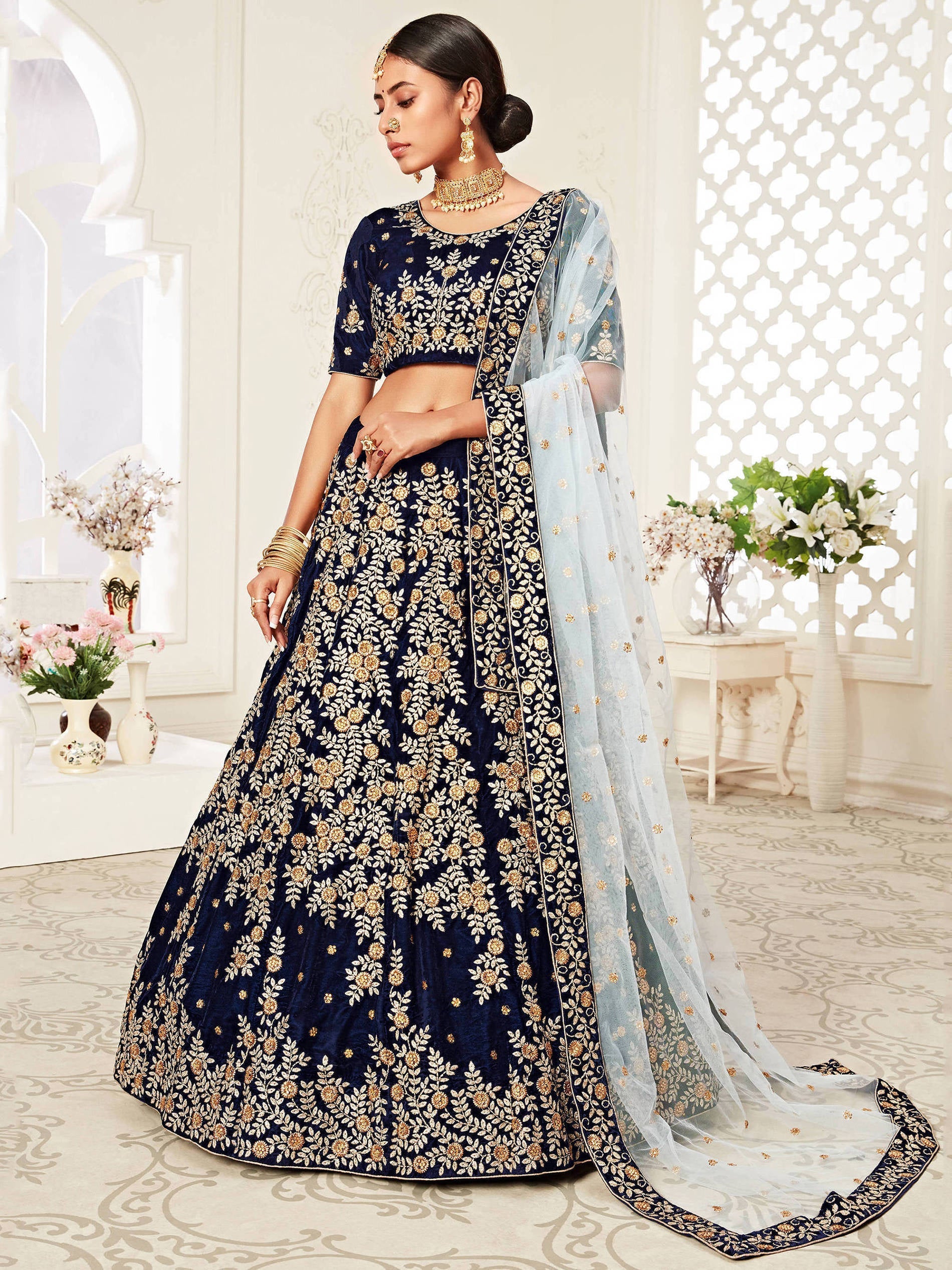 Beautiful Navy Blue Heavily Embroidery Velvet Wedding Lehenga Choli Secondary image